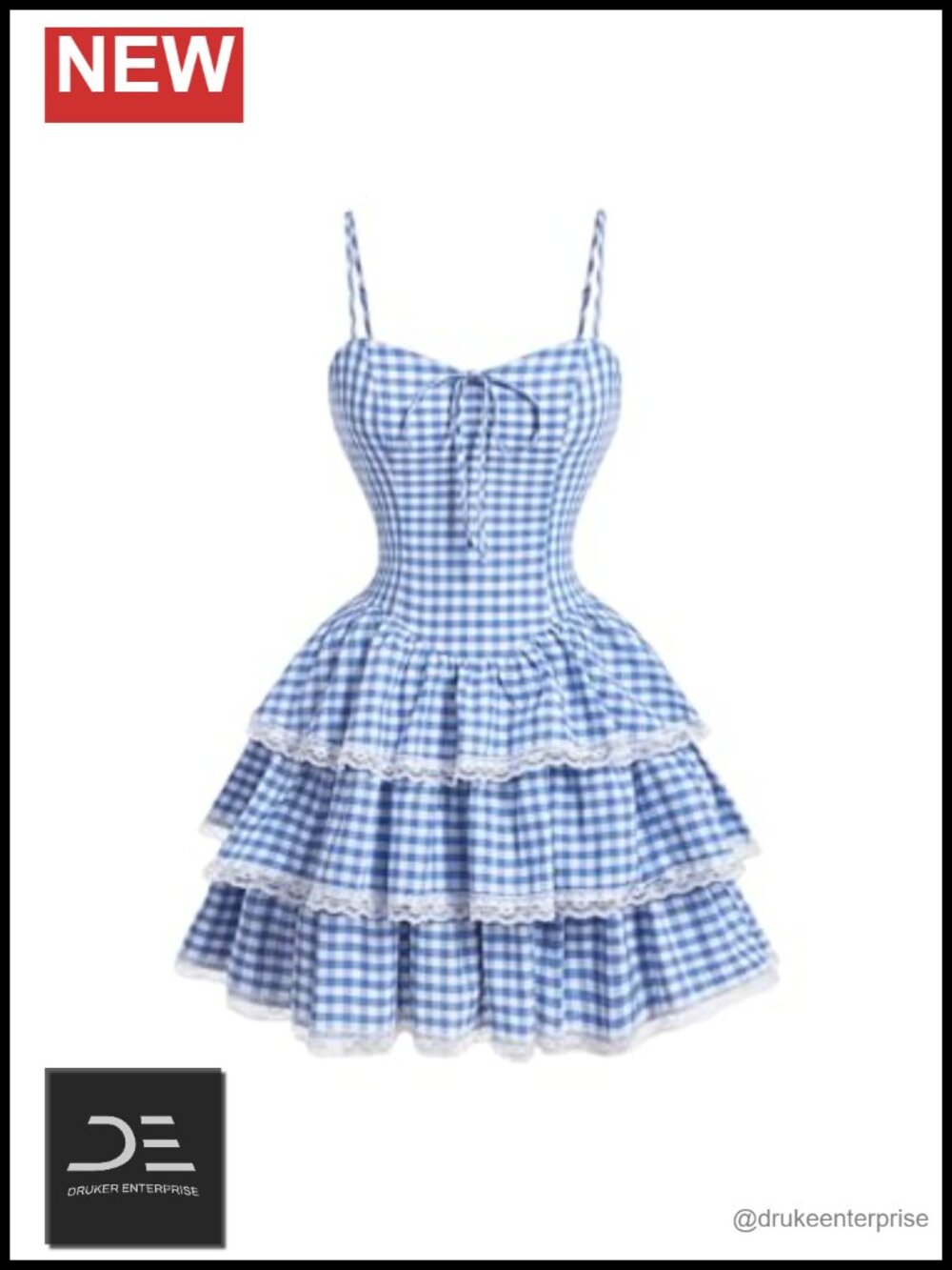 Y2K Gingham Plaid Mini Dress Lace Trim A Line Ruffle Hem Cami